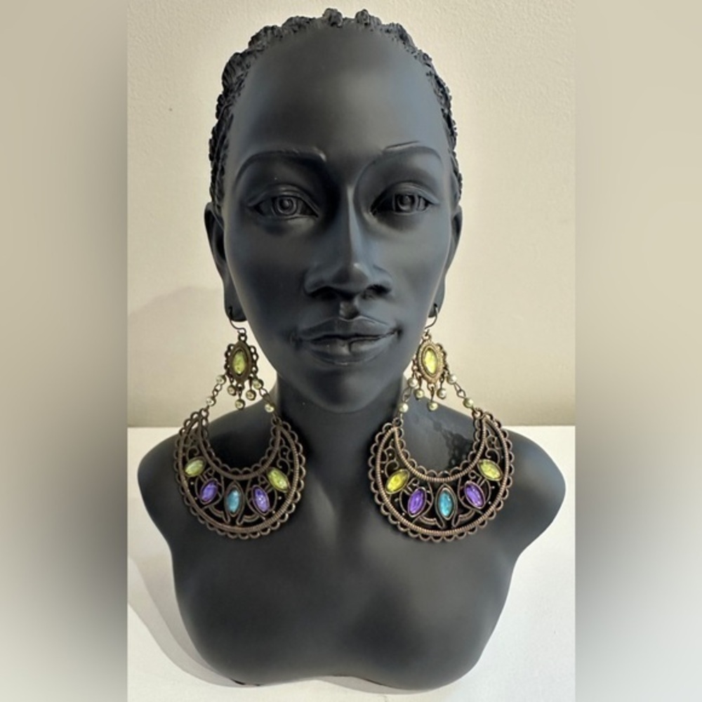 Vintage Statement Earrings, 3.5” Drop, Multicolor Gemstones